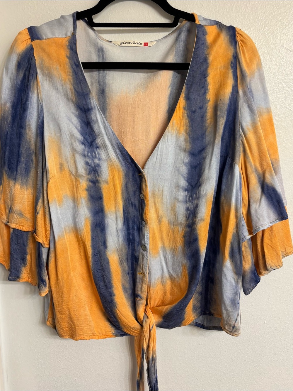 Given Kale Tie-Front Blouse in Orange and Navy Tie-Dye
